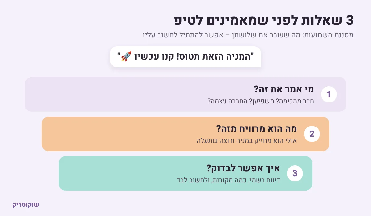 איור: שלוש שאלות לפני שמאמינים לטיפ – מי אמר, מה הוא מרוויח, איך בודקים