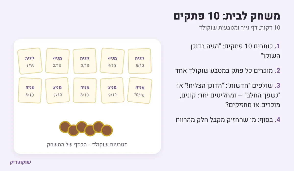 איור: עשרה פתקי מניה ומטבעות שוקולד